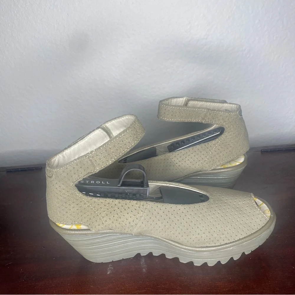 Fly London Beige Perforated Ankle-Strap Wedge Sandals
